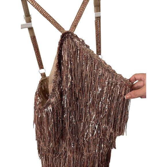 Bronx and Banco Isle Mini Dress Fringe Sequin Halter Neck Cocktail Gold Size 8 - Picture 8 of 15